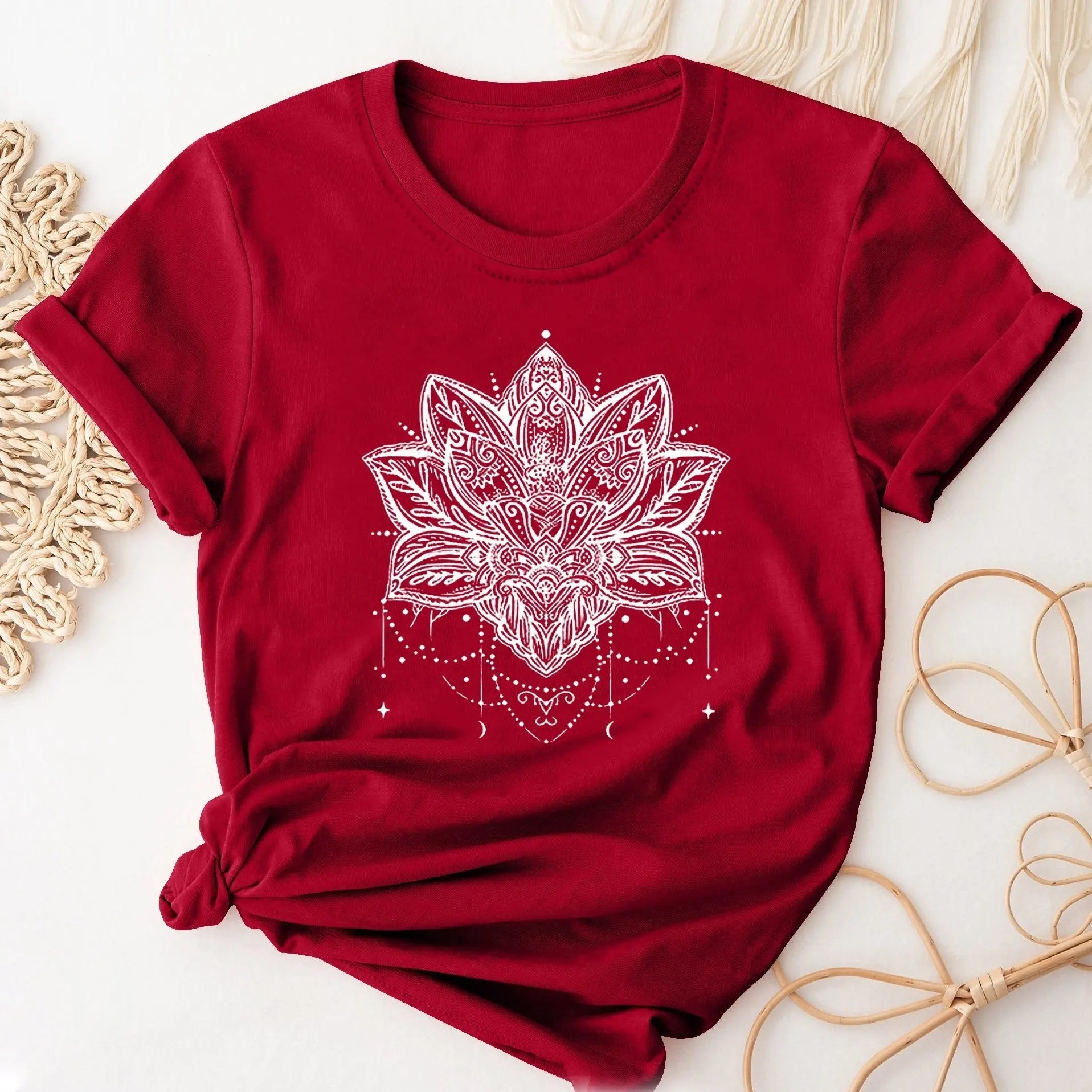 👚Spiritiual Abacus Plus Size Casual T-shirt, Women's Plus Mandala Print Short Sleeve Round Neck Slight Stretch T-shirt