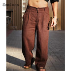 Spiritual Abacus™ Men Casual Loose Beach Pants Solid Brown White Soft Cotton Linen Trousers Plus Size