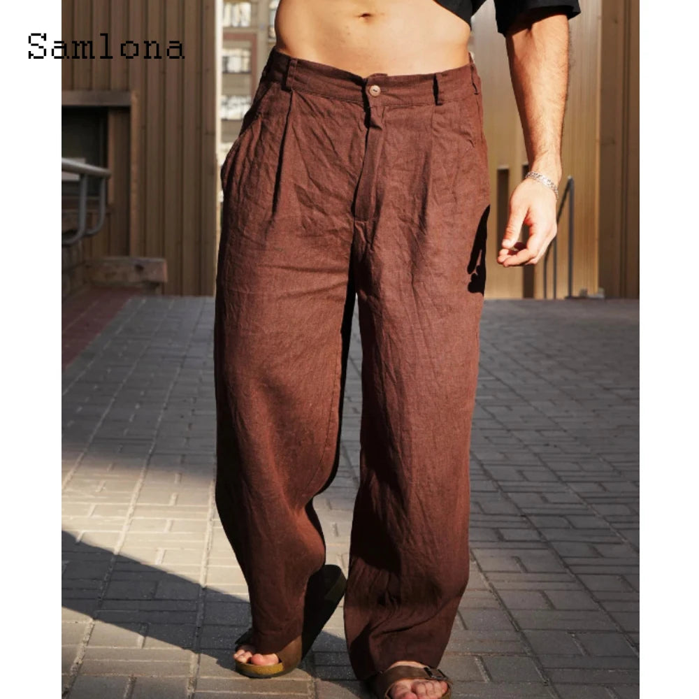 Spiritual Abacus™ Men Casual Loose Beach Pants Solid Brown White Soft Cotton Linen Trousers Plus Size