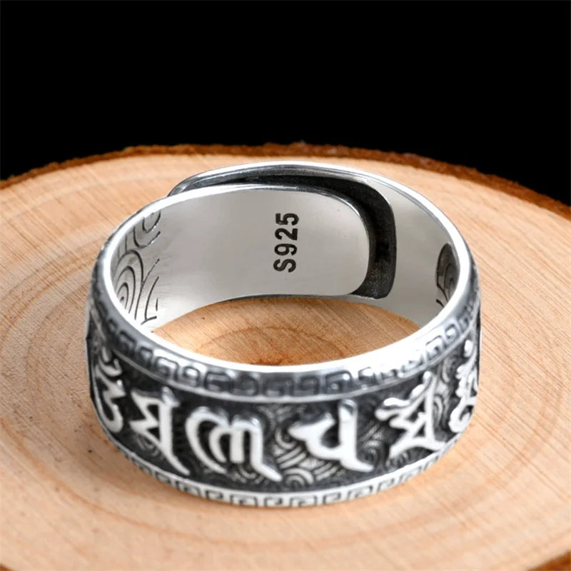 💍 Spiritual Abacus 925 Sterling Silver Mantra Ring Adjustable Retro Buddhist Om Mani Padme Hum Ring for Men