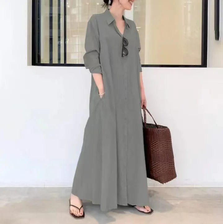👗 Spiritual Abacus – Women’s Summer Cotton Linen Long Shirt Dress - Simple & Loose Fit • Long Sleeve • Lapel Collar • Pockets • Plus Size Friendly