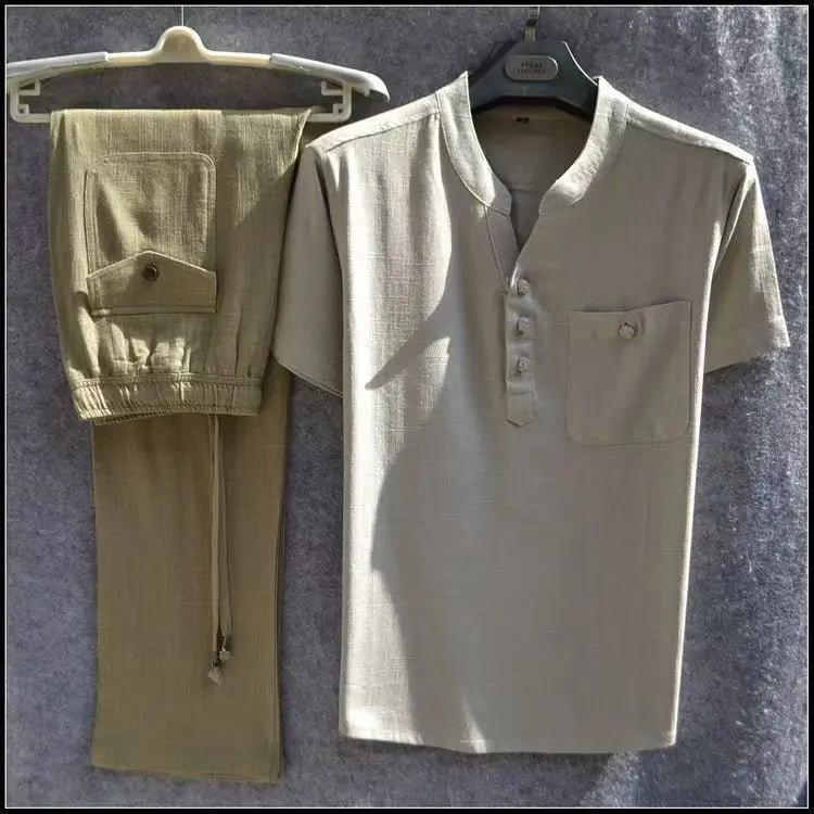 Spiritual Abacus™ Men’s Cotton-Linen Short-Sleeve Shirt & Shorts Set – Summer Casual Solid Color Outfit