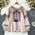 👚Spiritual Abacus – Retro Ethnic Embroidered Cotton Linen Top for Women - Loose Fit • Slimming Cut • Overhead Pullover Style • Spring & Autumn Comfort