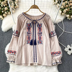 👚Spiritual Abacus – Retro Ethnic Embroidered Cotton Linen Top for Women - Loose Fit • Slimming Cut • Overhead Pullover Style • Spring & Autumn Comfort