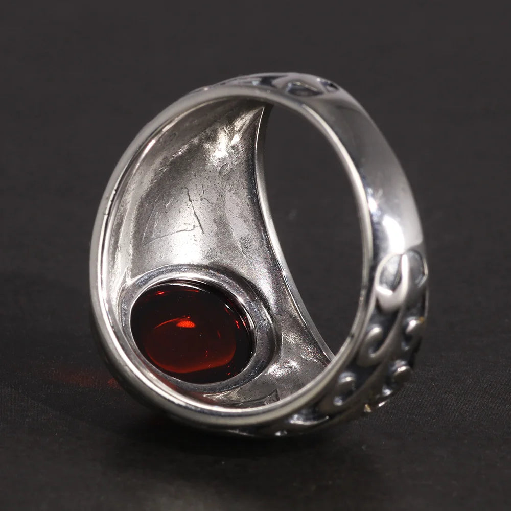 🔥 Spiritual Abacus 925 Sterling Silver Vintage Garnet Ring – Men's Natural Stone Flower Engraved Statement Jewelry