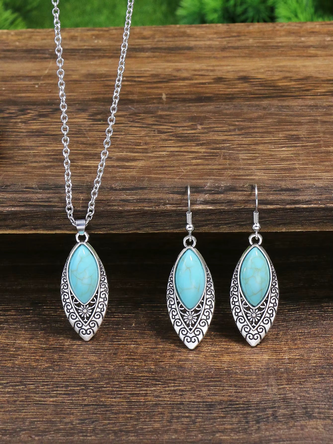 Spiritual Abacus-Ethnic Boho Turquoise Necklace & Earring Set Vintage Silver-Plated Floral Jewelry