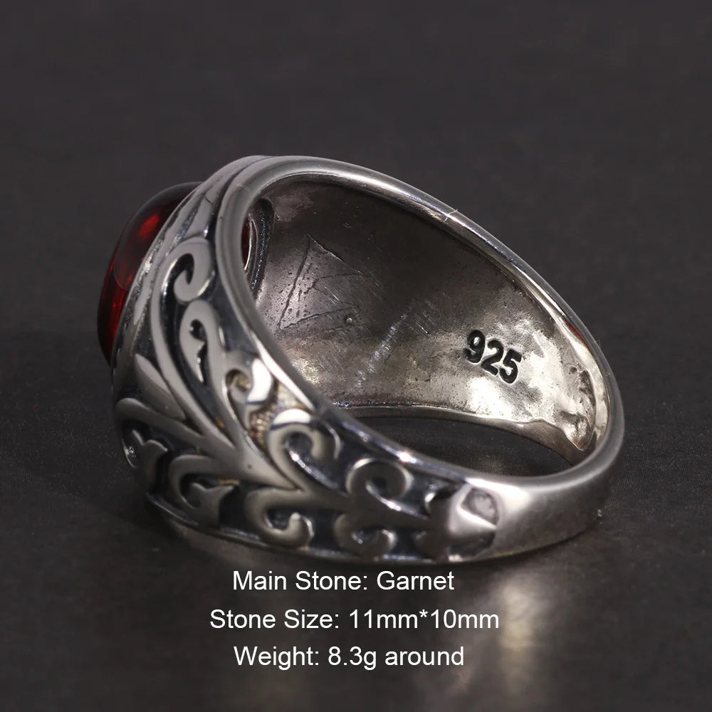 🔥 Spiritual Abacus 925 Sterling Silver Vintage Garnet Ring – Men's Natural Stone Flower Engraved Statement Jewelry
