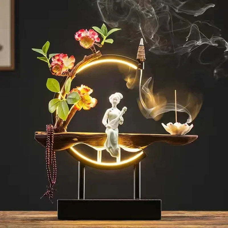 Spiritual Abacus LED Lotus Girl Backflow Incense Burner – USB Ceramic Circle Design with Stick & Cone Holder for Home & Office
