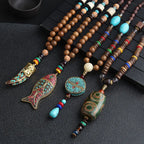 🐟 Handmade Nepalese Mala Necklace – Wood Beads with Horn Pendant Ethnic Buddhist Prayer Necklace for Men & Women – Spiritual Jewelry by Spiritual Abacus