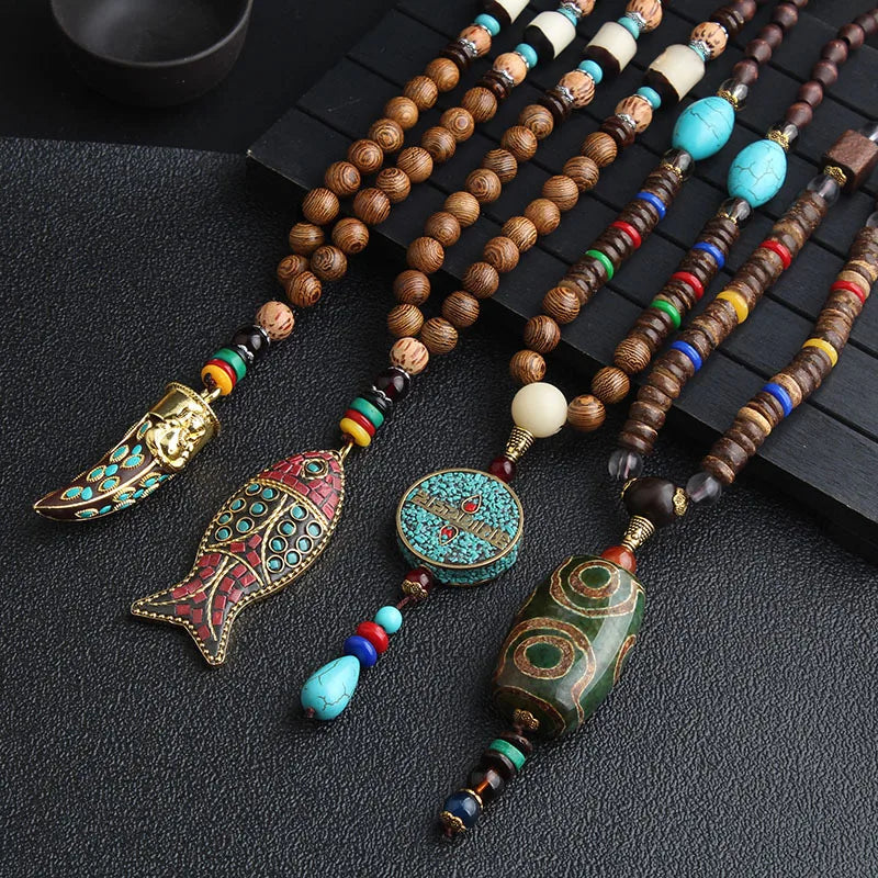 🐟 Handmade Nepalese Mala Necklace – Wood Beads with Horn Pendant Ethnic Buddhist Prayer Necklace for Men & Women – Spiritual Jewelry by Spiritual Abacus