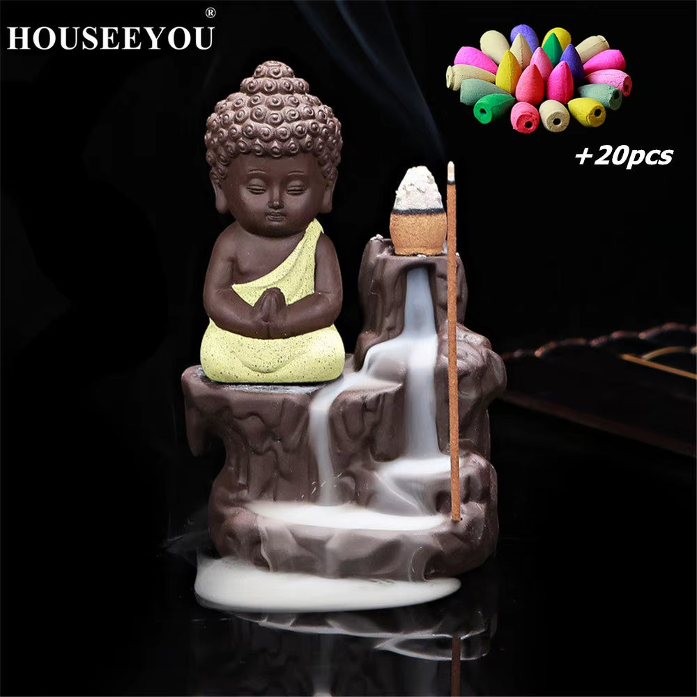 Spiritual Abacus™ Little Monk Backflow Incense Burner – Ceramic Buddha Censer with 20 Waterfall Cones for Home Decor & Meditation
