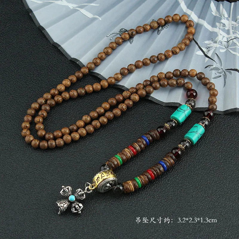 Spiritual Abacus Tibetan Wooden Mala Necklace – Six-Character Mantra Prayer Wheel Pendant for Men & Women