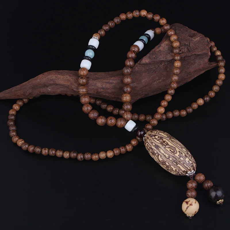 🐟 Handmade Nepalese Mala Necklace – Wood Beads with Horn Pendant Ethnic Buddhist Prayer Necklace for Men & Women – Spiritual Jewelry by Spiritual Abacus