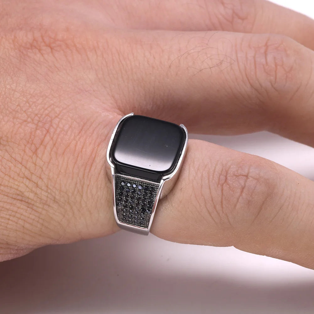 Guaranteed 925 Sterling Silver Rings Antique Turkish Ring Jewellery for Men with Square Black Natural Stones Simple Design