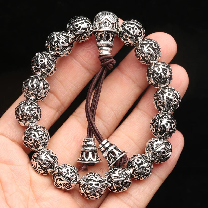Spiritual Abacus Tibetan Silver Mantra Bracelet – Handmade Nepalese Heart Sutra & Six-Word Mantra Bead Bracelet