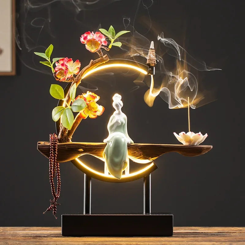 Spiritual Abacus LED Lotus Girl Backflow Incense Burner – USB Ceramic Circle Design with Stick & Cone Holder for Home & Office