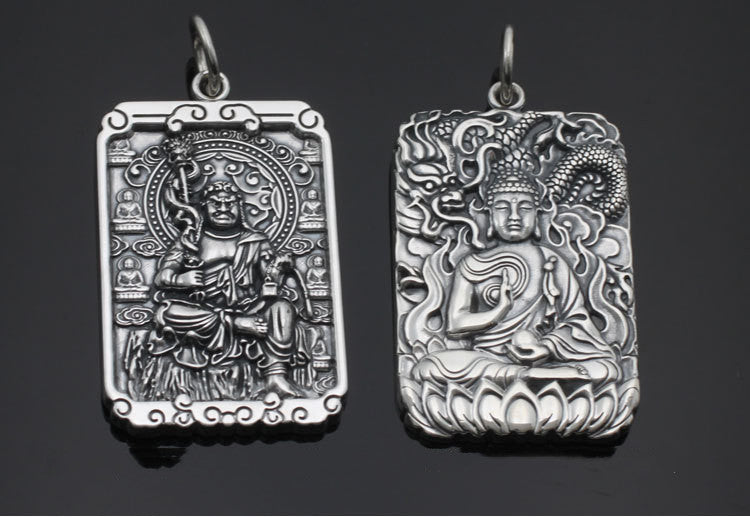Spiritual Abacus Retro Thai Silver Square Natal Buddha Pendant