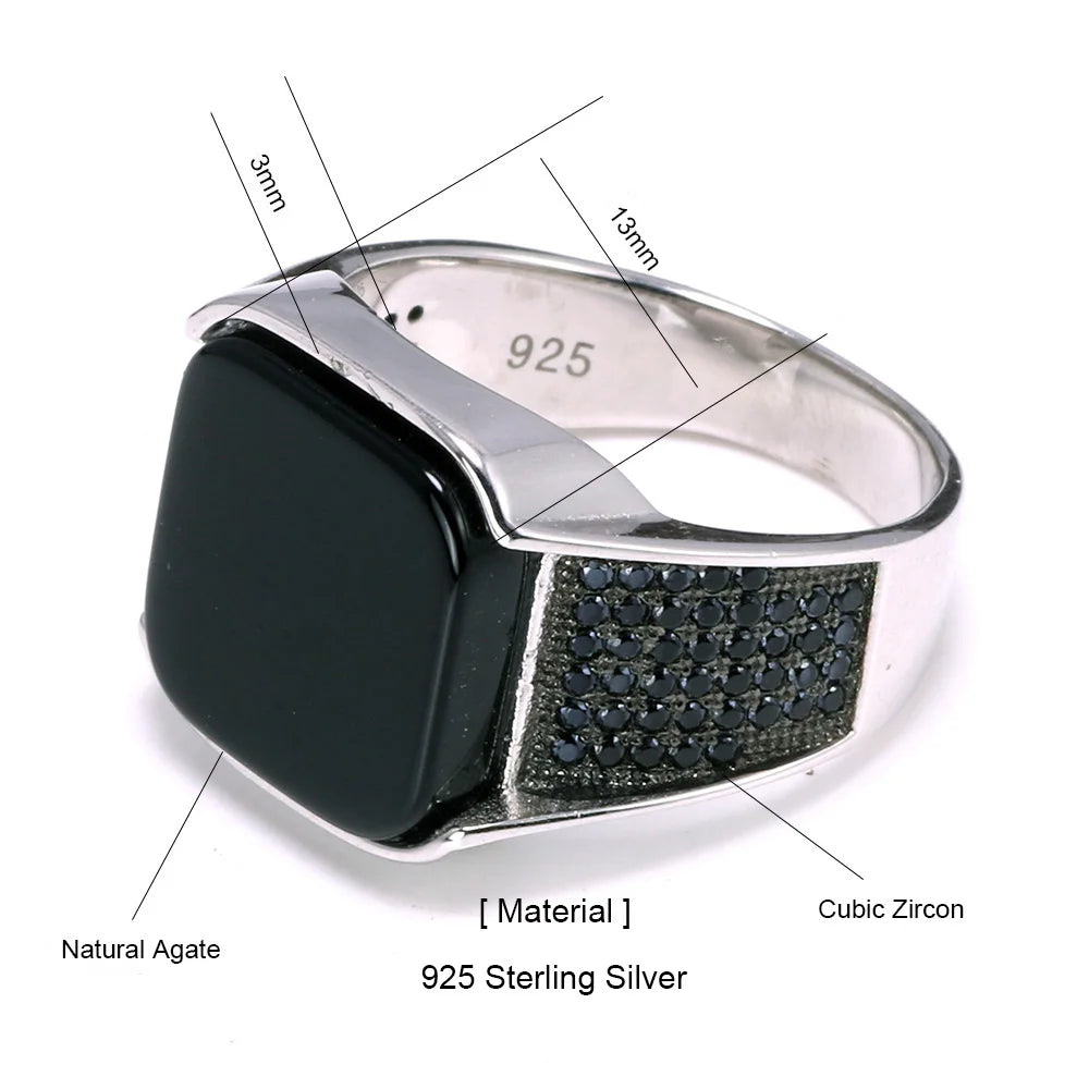 Guaranteed 925 Sterling Silver Rings Antique Turkish Ring Jewellery for Men with Square Black Natural Stones Simple Design