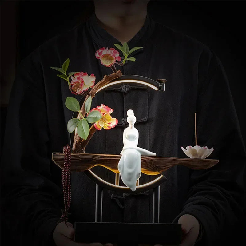 Spiritual Abacus LED Lotus Girl Backflow Incense Burner – USB Ceramic Circle Design with Stick & Cone Holder for Home & Office