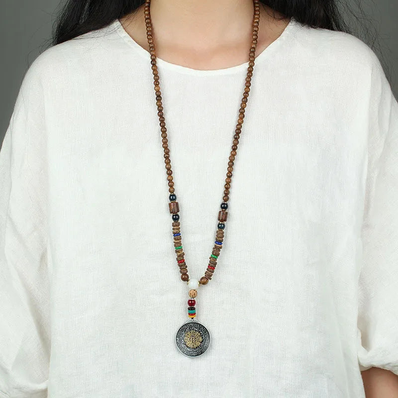 Spiritual Abacus Tibetan Wooden Mala Necklace – Six-Character Mantra Prayer Wheel Pendant for Men & Women