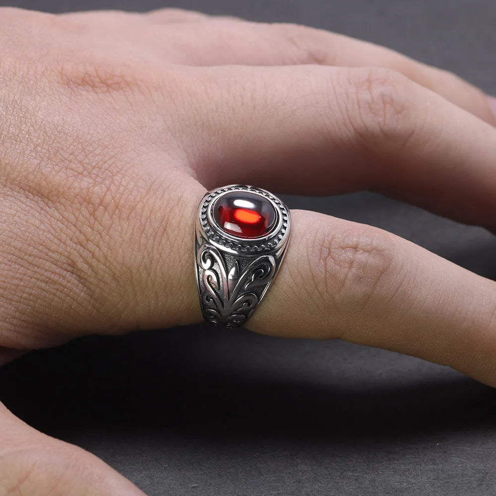 🔥 Spiritual Abacus 925 Sterling Silver Vintage Garnet Ring – Men's Natural Stone Flower Engraved Statement Jewelry
