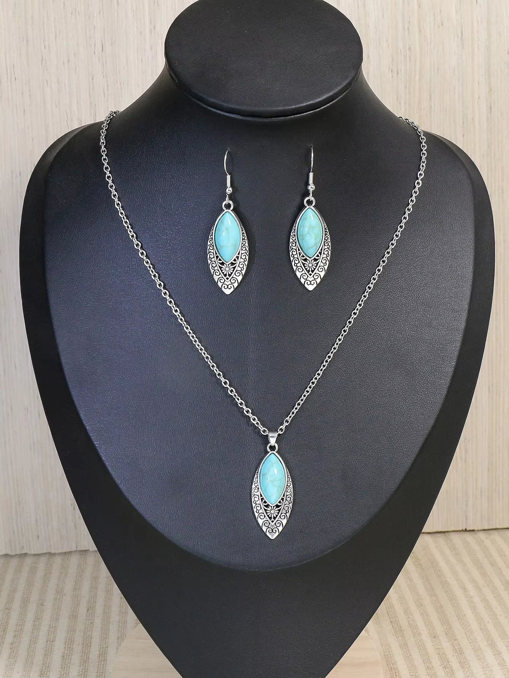Spiritual Abacus-Ethnic Boho Turquoise Necklace & Earring Set Vintage Silver-Plated Floral Jewelry