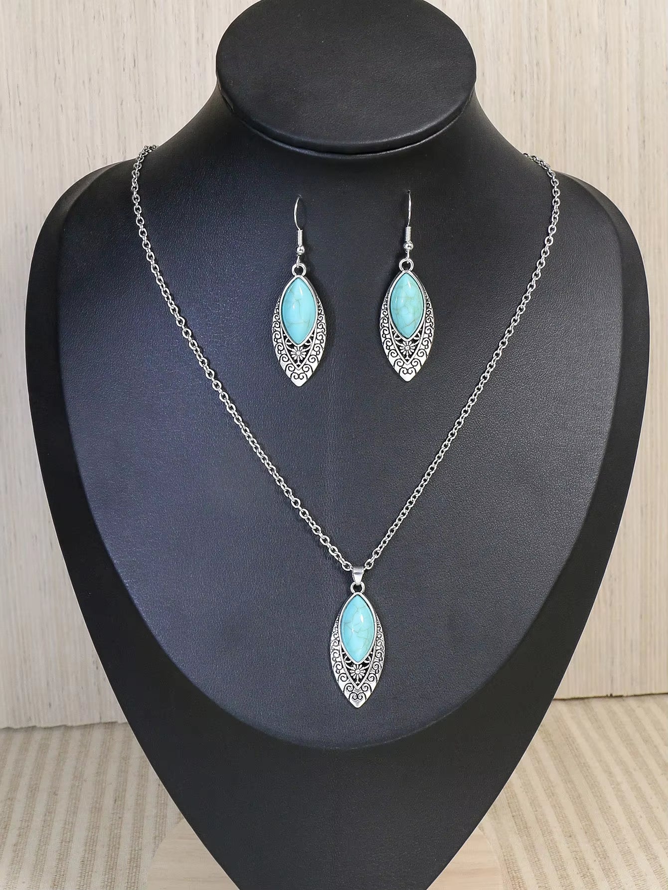Spiritual Abacus-Ethnic Boho Turquoise Necklace & Earring Set Vintage Silver-Plated Floral Jewelry