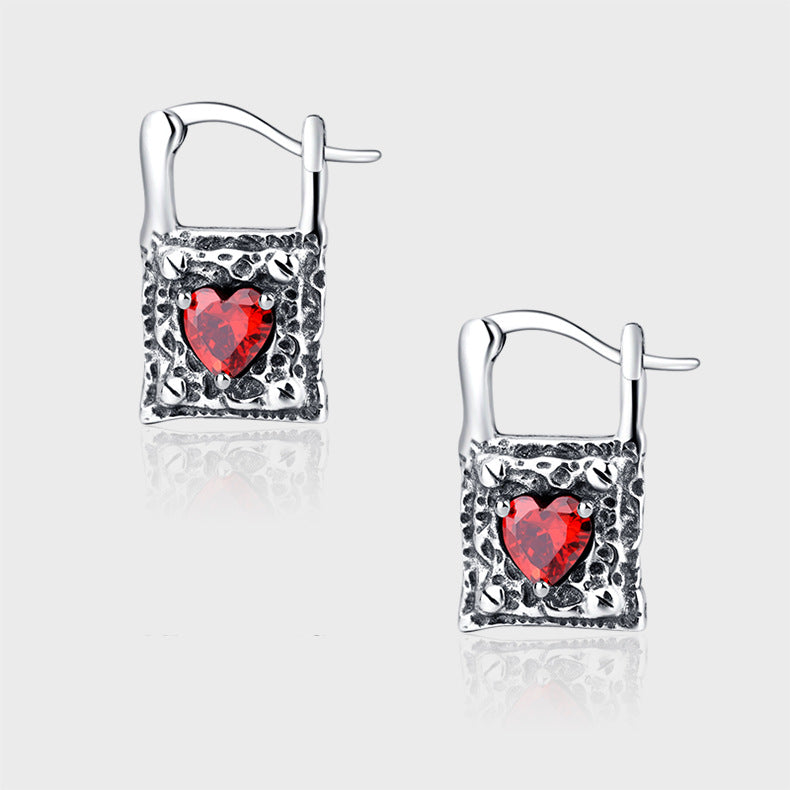 Spiritual Abacus Vintage Sterling Silver Lock Earrings with Heart-Shaped Zircon (S925)