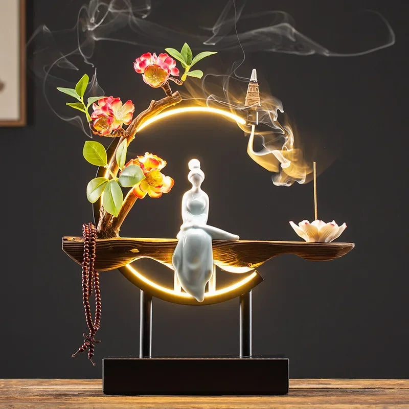 Spiritual Abacus LED Lotus Girl Backflow Incense Burner – USB Ceramic Circle Design with Stick & Cone Holder for Home & Office