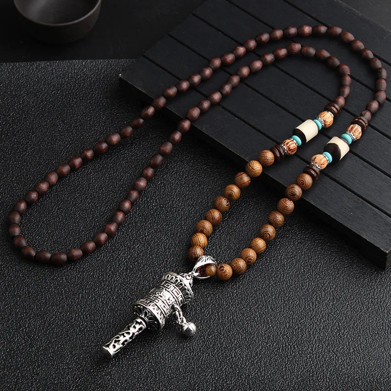 🐟 Handmade Nepalese Mala Necklace – Wood Beads with Horn Pendant Ethnic Buddhist Prayer Necklace for Men & Women – Spiritual Jewelry by Spiritual Abacus