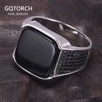 Guaranteed 925 Sterling Silver Rings Antique Turkish Ring Jewellery for Men with Square Black Natural Stones Simple Design