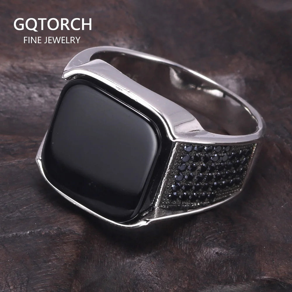 Guaranteed 925 Sterling Silver Rings Antique Turkish Ring Jewellery for Men with Square Black Natural Stones Simple Design