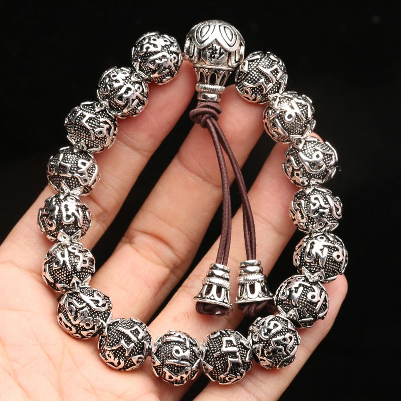 Spiritual Abacus Tibetan Silver Mantra Bracelet – Handmade Nepalese Heart Sutra & Six-Word Mantra Bead Bracelet
