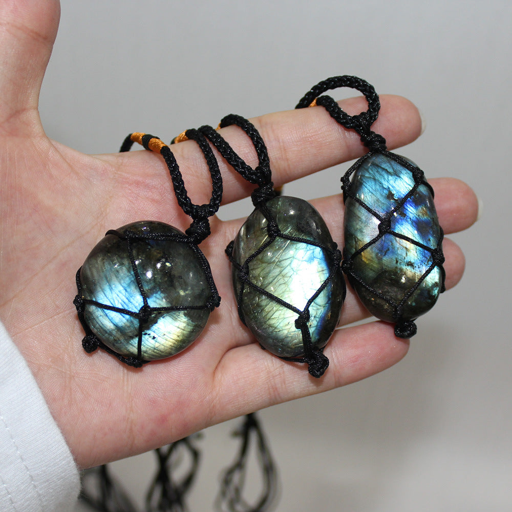 Spiritual Abacus Natural Feldspar Moonstone Net Pendant Necklace with Blue Light
